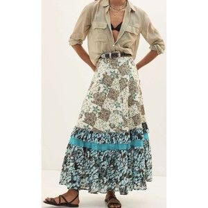 Anthropologie Raga Women Patchwork Floral Maxi Tiered Boho Preppy Skirt Sz L